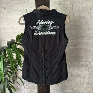 HARLEY DAVIDSON Black Aqua Teal Green  Embroidered Lace Up Biker Vest Size M